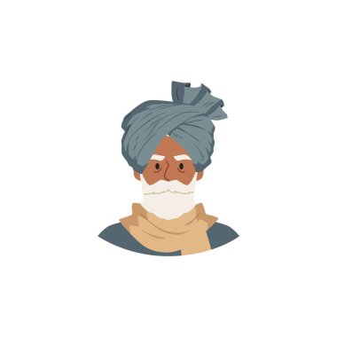 Traditional turban. Vector close-up portrait of an elderly man with a turban on his head. A cultural headdress highlighting Asian or Oriental fashion. clipart