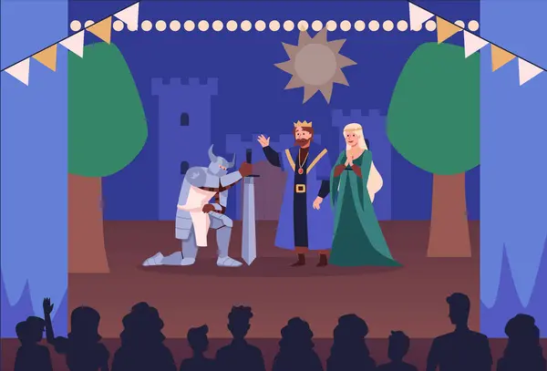 シアター俳優は 舞台ベクトル平らなイラストで王と女王の前に膝に剣で鎧で騎士を演じます 城の景色と観客との劇場中世王国のパフォーマンス ベクターグラフィックス