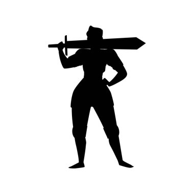 Female warrior silhouette. Vector illustration of a strong and confident woman posed with a sword over her shoulder, showcasing power and readiness for battle. clipart