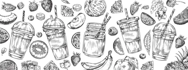Sketched Vector Set Featuring Assorted Smoothie Cups Alongside Variety Fruits Ilustraciones de stock libres de derechos