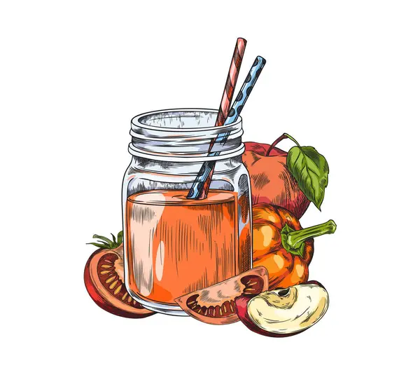 Vivid Vegetable Smoothie Mason Jar Vector Illustration Surrounded Fresh Ingredients ภาพเวกเตอร์สต็อกที่ปลอดค่าลิขสิทธิ์