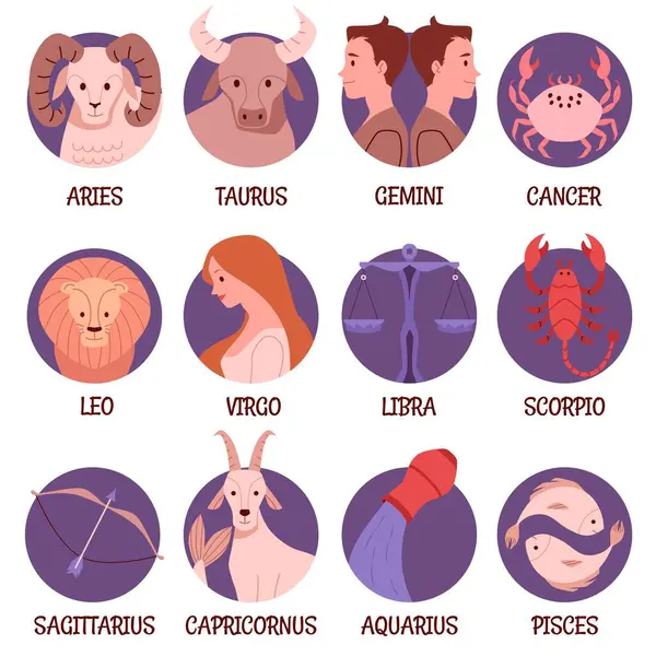 Vektor Symbolů Horoskopu Nastaven Dvanáct Astrologických Znaků Nápisy Cartoon Leo — Stockový vektor