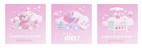 Congratulations Its Girl Baby Shower Vector Posters Set Cute Render Royalty Free Stock Illustrations