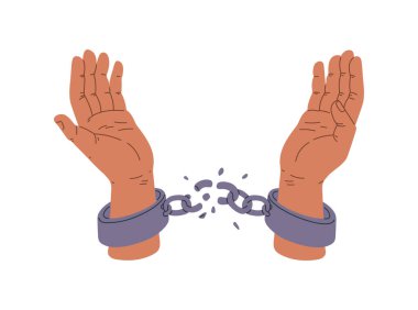 Open hands with broken chains at the wrists, depicting freedom and release. A minimalist vector illustration with an empowering message. clipart