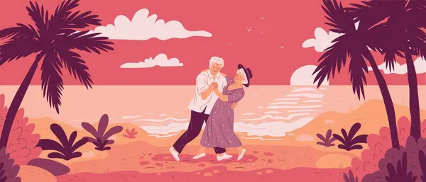 年配のカップルが日没の海とヤシの木を背景に踊っている フラットスタイルの海の古いキャラクターとバナー 高齢者のビーチ休日のベクトルイラスト ストックベクター