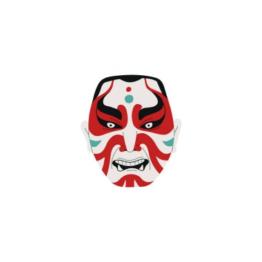 Japon Kabuki tiyatro kumadori maske ikonu. Asya mitolojisi şeytani sembolü, Doğu efsanesi. Otantik sanat, renkli tiyatro yüzü. Geleneksel korku yüzü makyaj vektörü illüstrasyonunu maskele