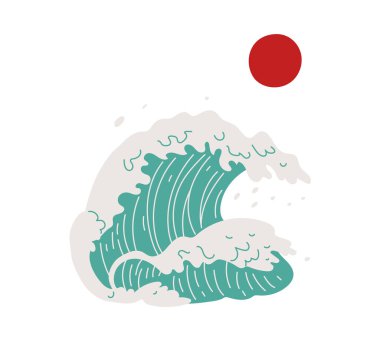 Geleneksel Japon Kabuki sanat stillerinden esinlenerek kırmızı güneşin altında dinamik yeşil bir dalganın tasviri.