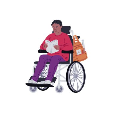 Vector illustration of a man reading in a wheelchair, demonstrating an active lifestyle. Flat, isolated image of people with disabilities studying and relaxing. clipart