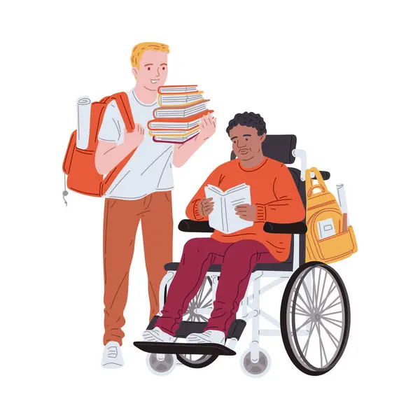 stock vector Vector illustration featuring two college students, one in a wheelchair and another standing, as they navigate campus life together.