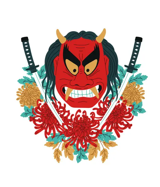 Japanese Kabuki Theater Mask Katana Sword Decorated Flowers Asian Mythology Stock Illustration
