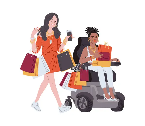 Vektor Illustration Von Mädchen Beim Einkaufen Von Denen Eine Modernen lizenzfreie Stockillustrationen