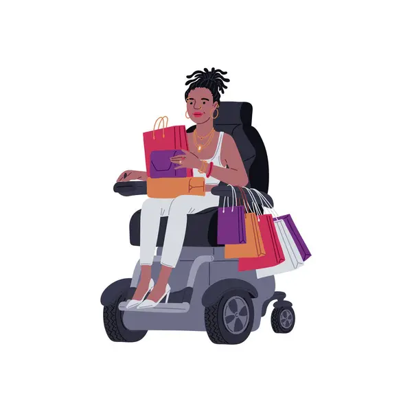 ショッピングバッグ ギフトボックスのパッケージで車椅子で笑顔の若い女性 白に分離されたベクトルイラスト 障害者 社会的適応 障害者による独立運動 ストックイラスト
