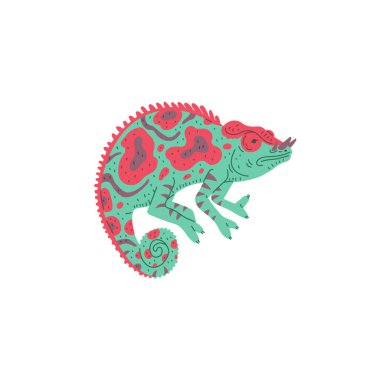 Çizgi film tarzında renkli halk desenli tuhaf bir Meksika bukalemunu. Tropikal kertenkele vektör çizimi Alebrije dizaynlı oyuncu bir karakter gösteriyor.