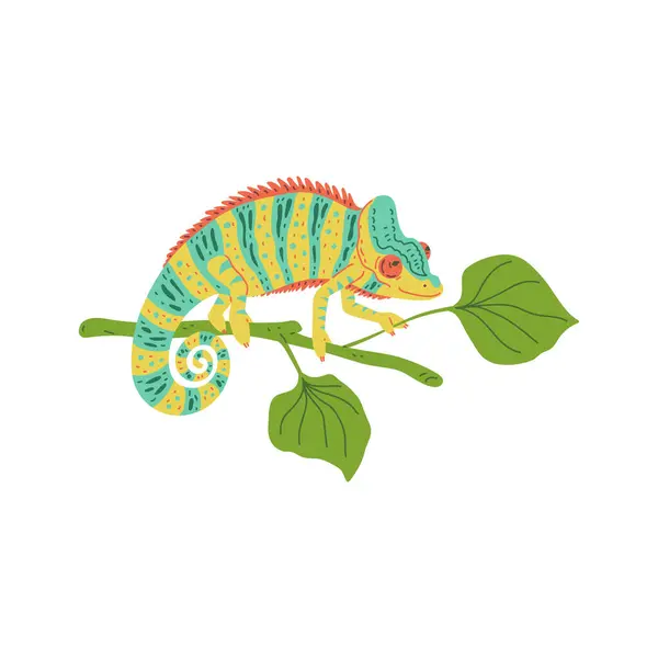 Söt Liten Randig Färgglad Kameleont Gren Med Blad Tecknad Tropisk Stockillustration