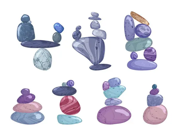 Gestapelte Kieselsteine Verschiedenen Farben Cartoon Stone Balance Asymmetrische Pyramidenvektorillustrationen Eingestellt Stockvektor