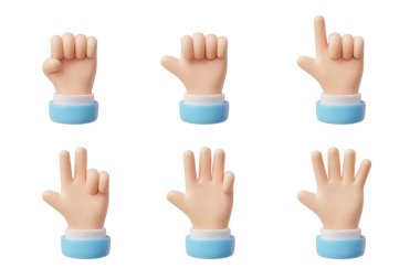 Bir yumruk, bir işaret parmağı, iki parmak, üç parmak, dört parmak ve mavi bileklikli bir avuç içi açık el işaretleri içeren üç boyutlu bir vektör seti..