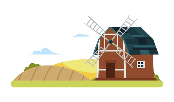 stock vector Windmill in a wheat field vector flat illustration. Retro rural mill building, wooden tower with propeller. Vintage countryside architecture, agriculture farming construction for milling flour