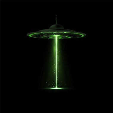 Uzaylı uzay gemisi, yeşil dikey ışın ışığı, duman ve parçacık vektör çizimi olan UFO. Tanımlanamayan, gerçek bir uçan daire karanlıkta parlayan, parlak aydınlatma ve kaçırılma ışını.