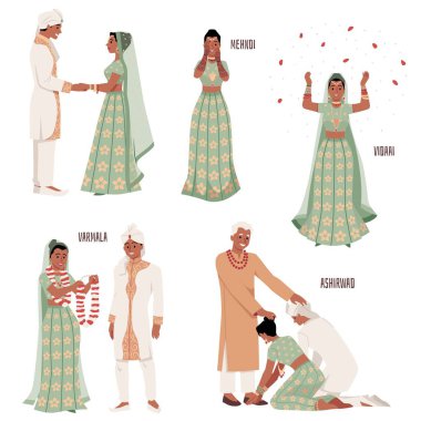 Beautiful Indian wedding couple standing together hold hands. Marriage illustrations of happy bride, groom and family blessing. Cartoon vector romantic engagement portraits set isolated on white clipart