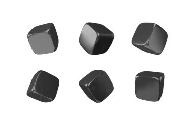 Yumuşak köşeleri düşen parlak siyah küplerden oluşan bir set. Farklı açılardan 3 boyutlu vektör. Oyun tasarımı, küp oyuncaklar, kare tuğlalar. Gerçekçi 3d hacimli plastik izometrik dörtlü blok