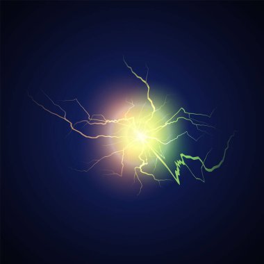 Dynamic vector illustration of ball lightning: a powerful energy explosion with glowing flashes and colored rings on a dark background. Ideal for game element design.