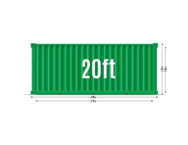 Cargo ship container mockup with dimensions scheme. Delivery, transportation. Green storage shipping metal container 20ft size side view. Reusable large steel freight box vector illustration isolated clipart