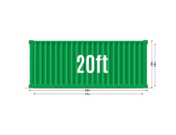 stock vector Cargo ship container mockup with dimensions scheme. Delivery, transportation. Green storage shipping metal container 20ft size side view. Reusable large steel freight box vector illustration isolated