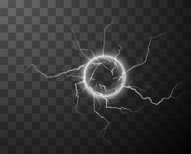 Glowing thunder circle with electric lightning bolts radiating outward on a dark transparent background. Vector illustration of a bright energy ring with dynamic electric sparks clipart