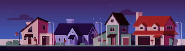 stock vector Vector illustration of suburban neighborhood at night. A row of colorful houses with lit street lamps under a starry sky. Modern architecture and a peaceful atmosphere.