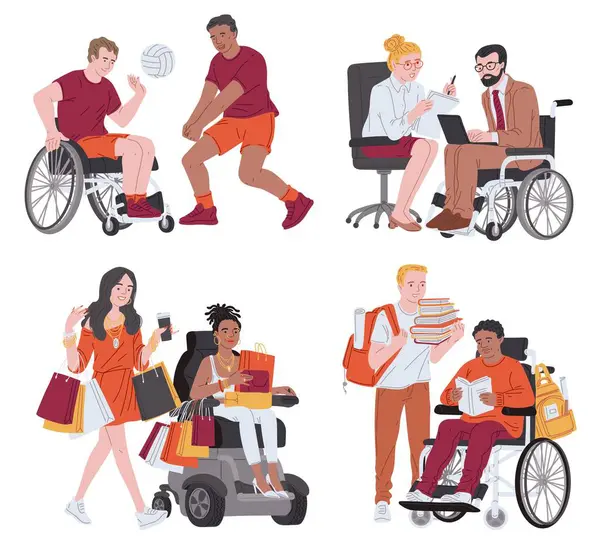 stock vector Inclusive vector illustration set of people with disabilities in activities. Individuals in wheelchairs playing sports, working in an office, shopping, studying, showcasing diversity and accessibility