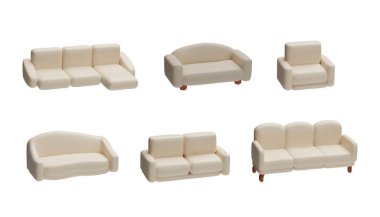 White sofa various modern forms 3d plastic style icons set. Realistic leather couch. Vector render illustration isolated. Volumetric lounge furniture, cozy interior design element clipart