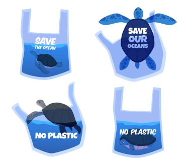 Çevre kampanyası ikonları. Anti-plastik mesajlı kaplumbağaların vektör çizimleri, okyanusun korunması ve sürdürülebilirliğini desteklemek için ideal.