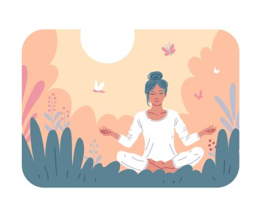 Nilüfer çiçeğinin içinde meditasyon yapan genç bir kadın. Karikatürdeki sakin kız, yaz çiçekleri sahnesinde yoga yapıyor. Yoga, meditasyon, rahatlama, dinlenme, sağlıklı yaşam tarzı konsepti için vektör düz çizim