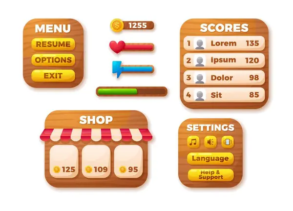 stock vector Progress bar, game menu items set. Vector buttons for ui game design user interface. Cartoon scores, shop, achievement levels, settings. Control and navigation big kit assets on wood texture