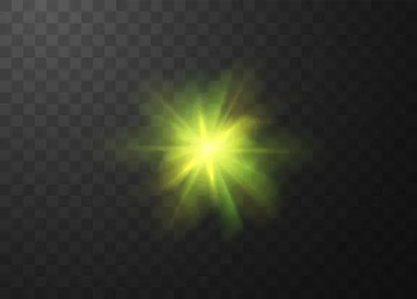 stock vector Bright green and yellow starburst light effect on a transparent background. The vector illustration features radiating light beams with a glowing center, ideal for overlay effects in design projects.