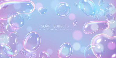 Soap bubbles Abstract dreamy background. Soap foam with iridescent rainbow reflection. Glossy volume lather with holographic effect and glares vector banner design with text clipart