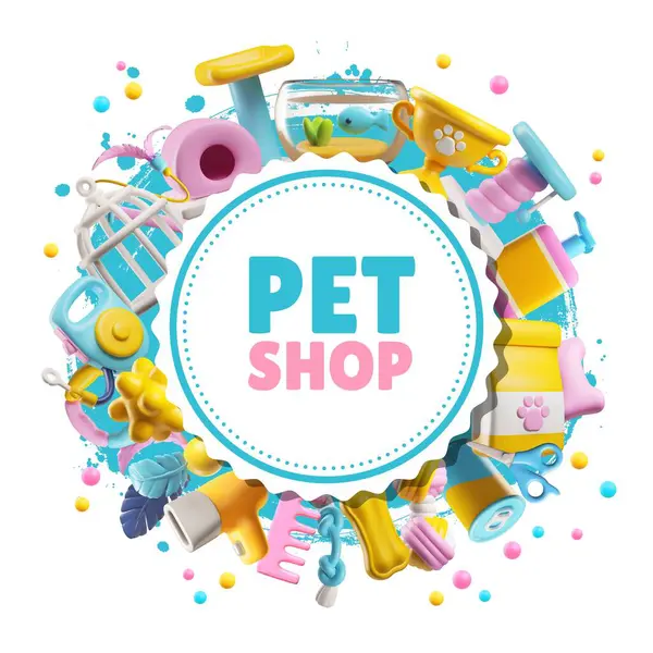 stock vector Dynamic pet shop circular frame with a vibrant 3D icon vector illustration, featuring pet care essentials and toys.