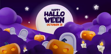 3D Halloween background with pumpkins, fog, and a graveyard at night. Great for party invitations or Halloween posters. clipart