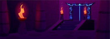 The vector interior of the dungeon with ancient stone columns, burning torches and a door with glowing symbols. The mysterious scene for game backgrounds clipart