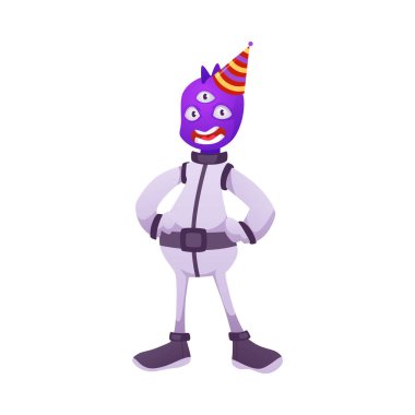 Friendly alien character in spacesuit and festive cone hat. Cheerful humanoid, funny mutant astronaut with three eyes. Vector cartoon kids game fantasy cosmic monster creature, UFO guest isolated clipart