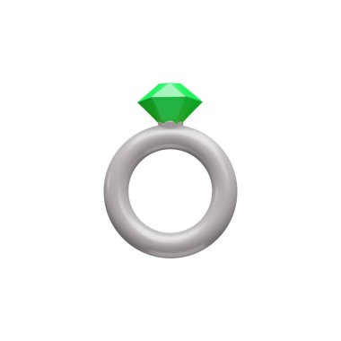 Vector 3d illustration of silver ring with green gemstone on isolated background. Womens accessory, engagement, gift. Cartoon minimalist style. Rendering. clipart