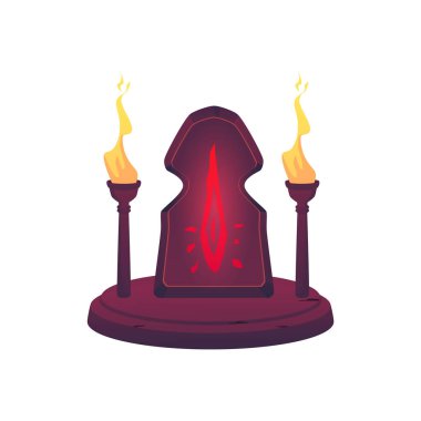 Ancient stone altar. Round base, slab with magic red flame sign, torches with fire. Monument. Dark evil energy. Worship of spirits and gods. Vector illustration isolated on white background. clipart