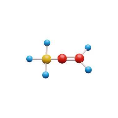 Molekülün 3 boyutlu modeli. Atom yapısı. Moleküler zincir. Kimyasal formül. DNA testi. Bilimsel araştırma. Mavi, kırmızı ve sarı küre. Vektör illüstrasyonu beyaz arkaplanda izole edildi.