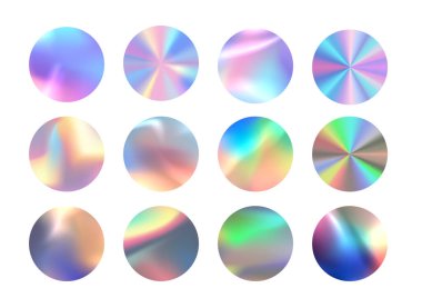 Vector illustration of a set of holographic neon blank stickers on an isolated white background. Bright rainbow templates designed for tags, badges, certificates and coupons. clipart