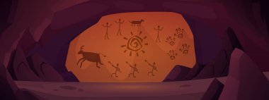 Vector illustration of an underground medieval cave with rock paintings. Mysterious fantasy underground stone tunnel in cartoon style for game design. Rocky prehistoric cave or grotto. clipart