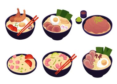 A delightful vector set of ramen bowls with noodles, champignons, seaweed and shrimp, complemented by chopsticks, on a uniform white background. clipart