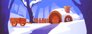 Cartoon fairy village with hut, wooden cart and fence in winter forest. Vector illustration of cute dwarf house with rounded roof covered snowdrifts. Rural dwelling with chimney. Game background clipart