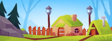 Vector illustration of charming houses with a roof covered with green grass: rustic cottages with a chimney surrounded by a forest against a blue sky background clipart