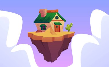 Vector graphics with a levitating island with a stone house surrounded by sand. It is ideal for decorating game levels in a fantastic environment. clipart