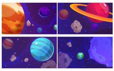 Colorful planets and asteroids in outer space. Vector illustrations depict various planets with rings, craters, and vibrant colors against a dark starry background. Perfect for space-themed designs clipart